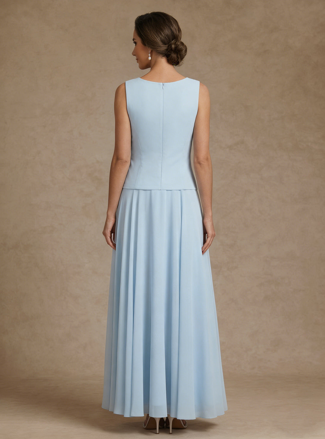 Ensemble 3 pièces en mousseline pour mère de la mariée, ligne A/princesse, col rond, avec veste, dentelle florale, Longueur de La Cheville, manches longues
