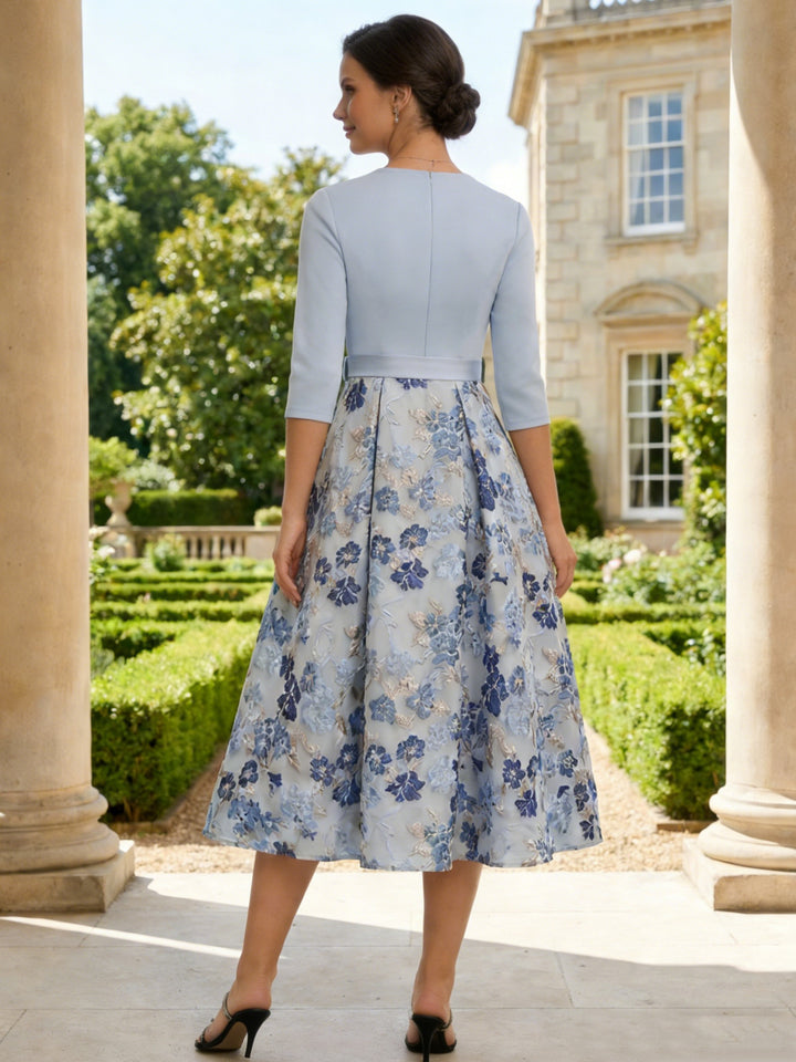 Robe mère de la mariée en jacquard, ligne A/princesse, col en V, manches 3/4, floral, Longueur de Thé, nœud papillon