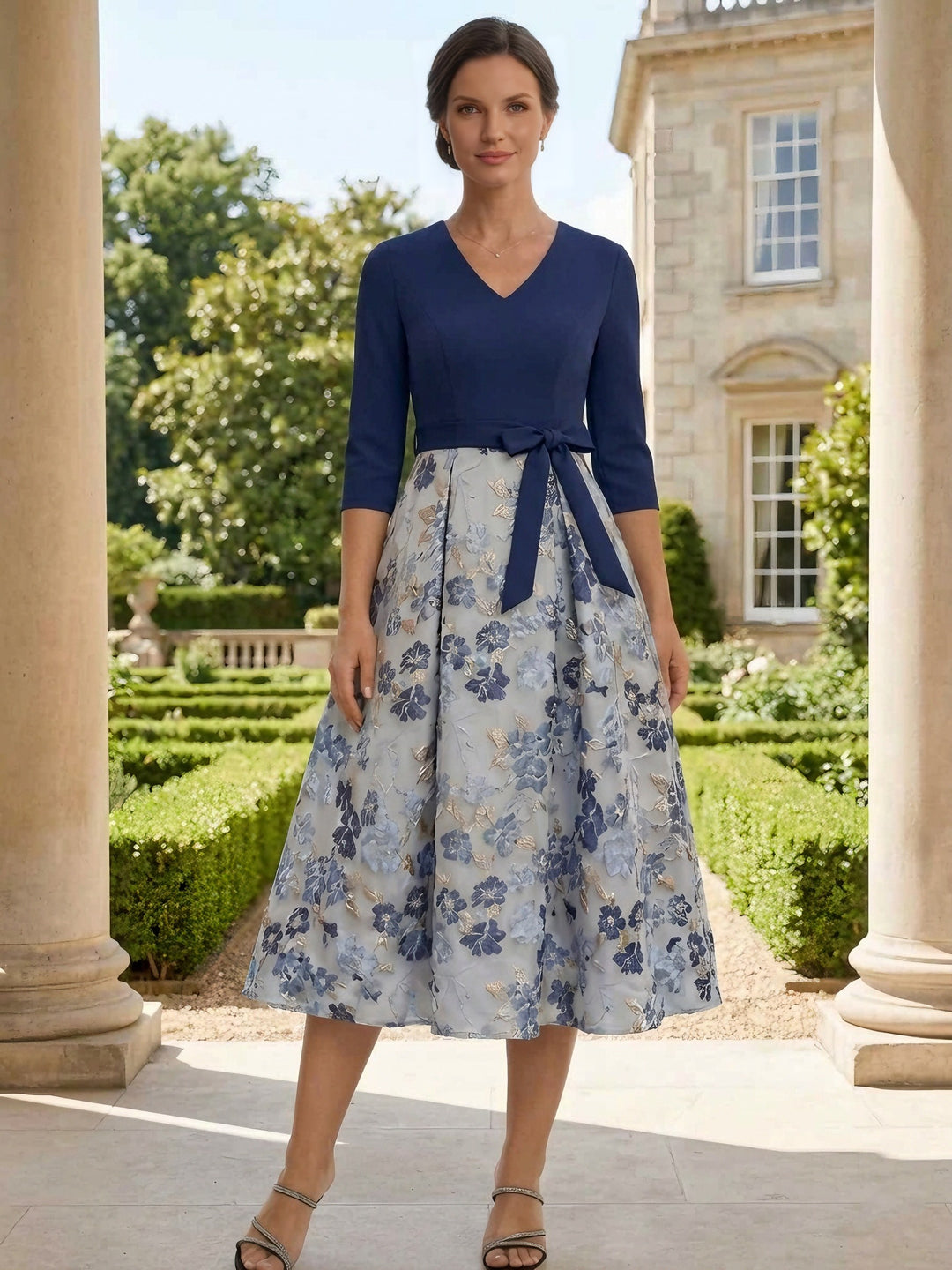 Robe mère de la mariée en jacquard, ligne A/princesse, col en V, manches 3/4, floral, Longueur de Thé, nœud papillon