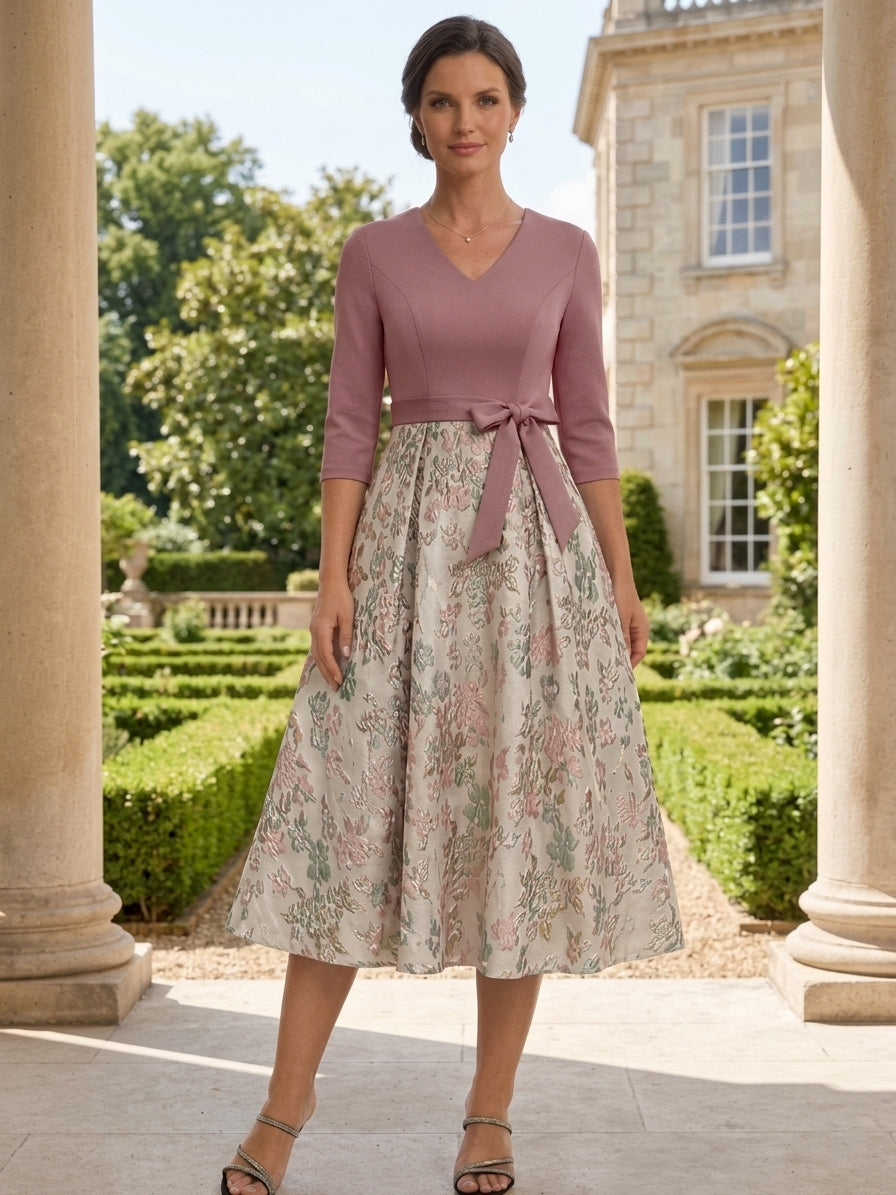 Robe mère de la mariée en jacquard, ligne A/princesse, col en V, manches 3/4, floral, Longueur de Thé, nœud papillon