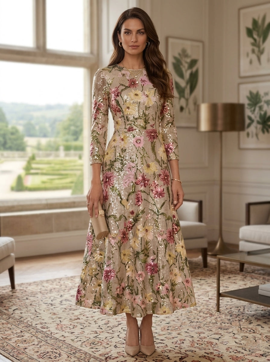 Robe mère de la mariée, ligne A/princesse, col rond, paillettes, manches 3/4, floral, Longueur de La Cheville