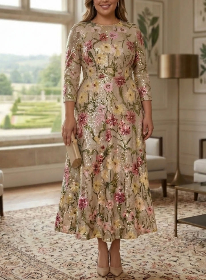 Robe mère de la mariée, Taille Plus, Ligne A/Princesse, Col Rond, Paillettes, Manches 3/4, Longueur de la Cheville, Florale