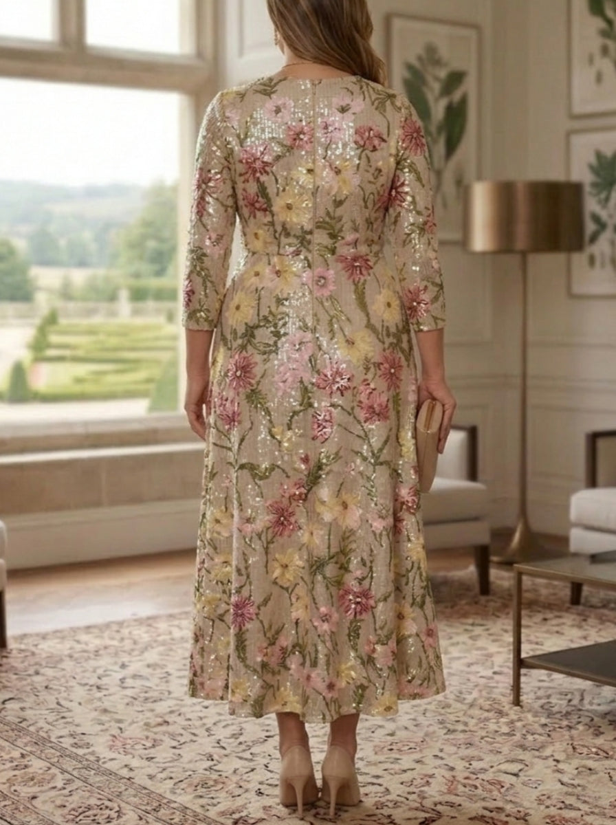 Robe mère de la mariée, Taille Plus, Ligne A/Princesse, Col Rond, Paillettes, Manches 3/4, Longueur de la Cheville, Florale