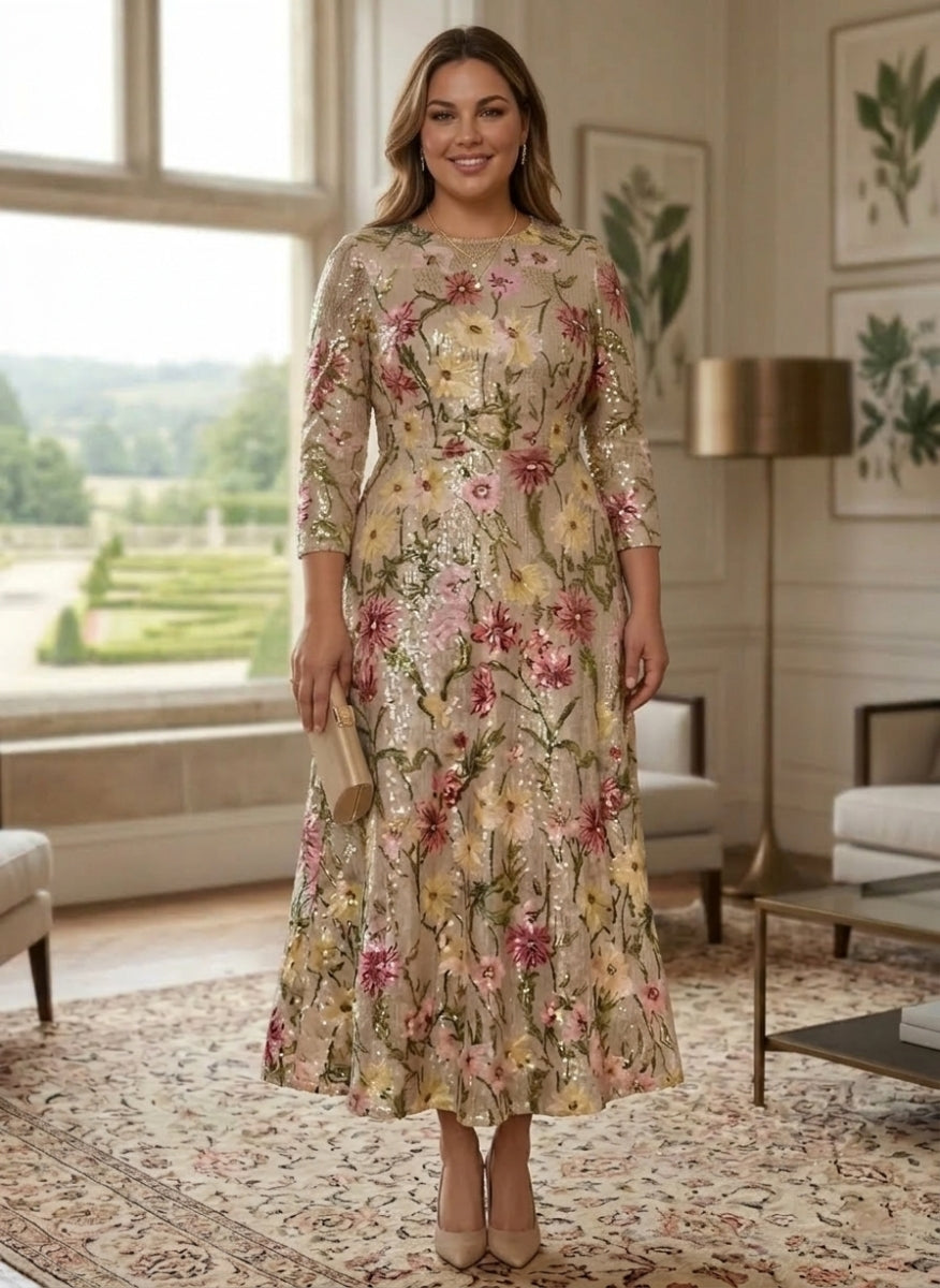 Robe mère de la mariée, Taille Plus, Ligne A/Princesse, Col Rond, Paillettes, Manches 3/4, Longueur de la Cheville, Florale
