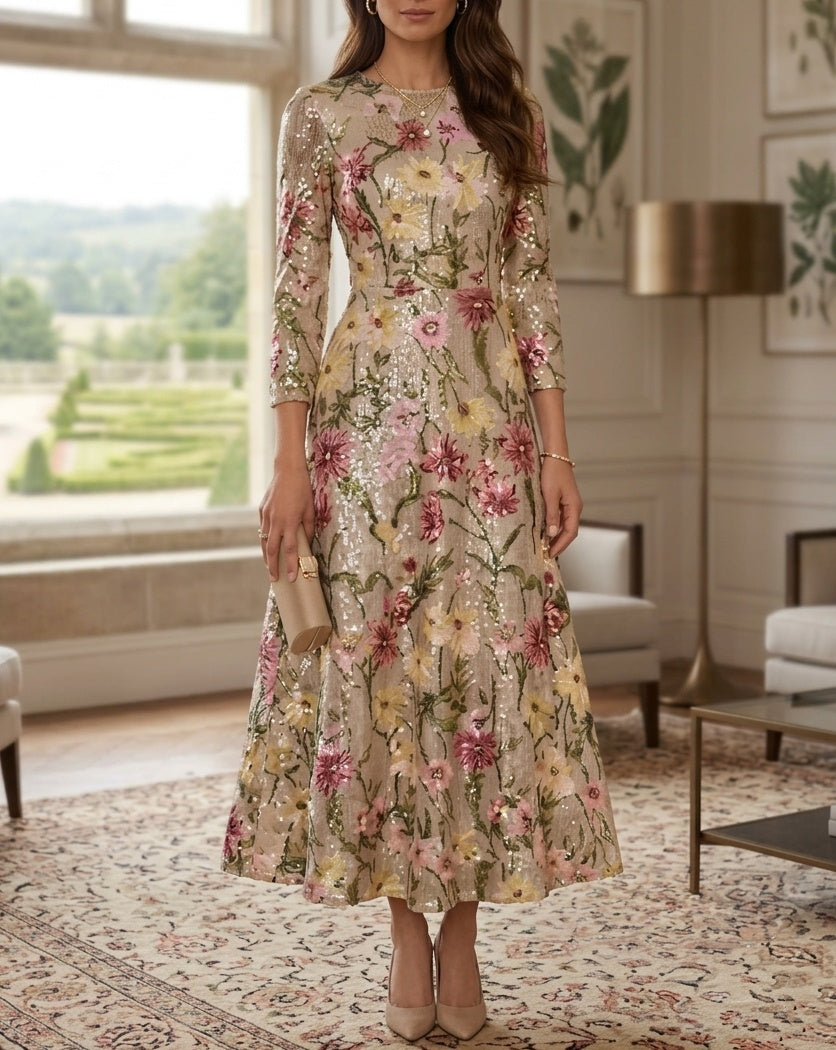 Robe mère de la mariée, ligne A/princesse, col rond, paillettes, manches 3/4, floral, Longueur de La Cheville