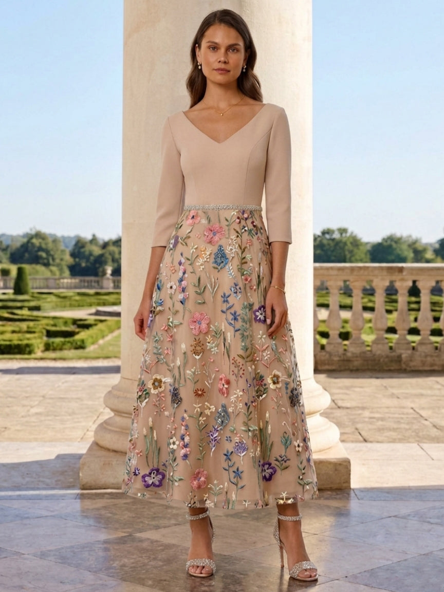 Robe mère de la mariée, satin extensible, ligne A/princesse, col en V, manches 3/4, dentelle et broderie florale, Longueur de La Cheville, avec ceinture