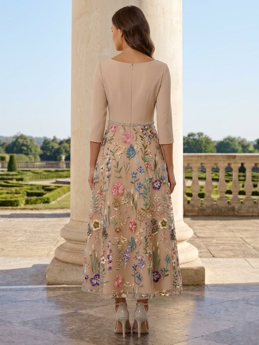 Robe mère de la mariée, satin extensible, ligne A/princesse, col en V, manches 3/4, dentelle et broderie florale, Longueur de La Cheville, avec ceinture