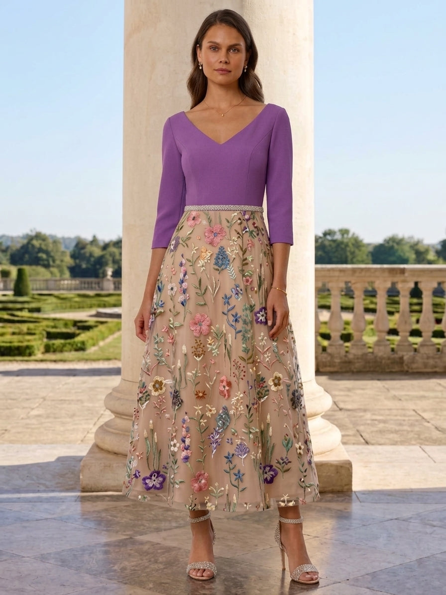 Robe mère de la mariée, satin extensible, ligne A/princesse, col en V, manches 3/4, dentelle et broderie florale, Longueur de La Cheville, avec ceinture