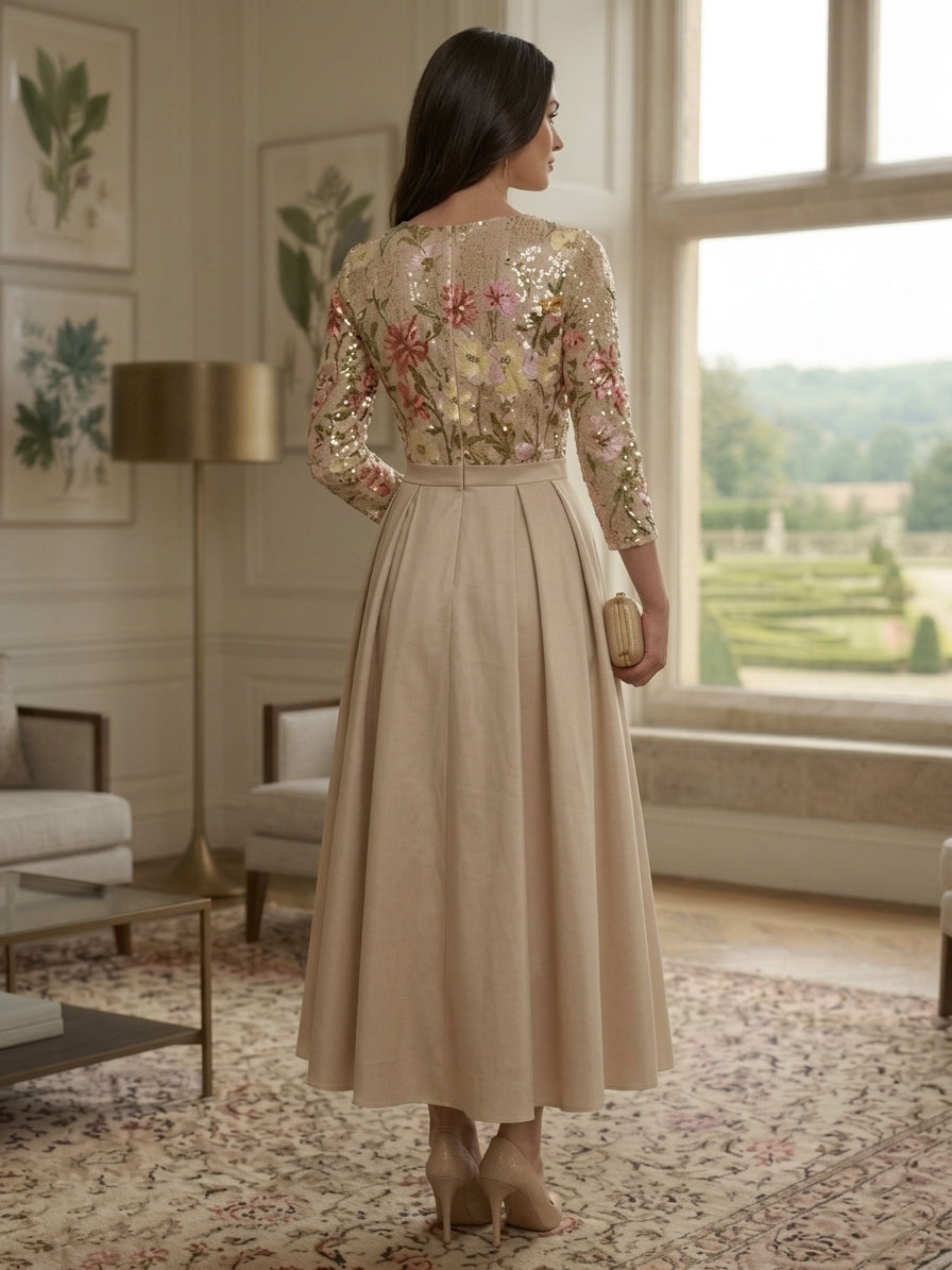 Robe mère de la mariée en Satin, ligne A/princesse, col rond, manches 3/4, paillettes floral, Longueur de La Cheville