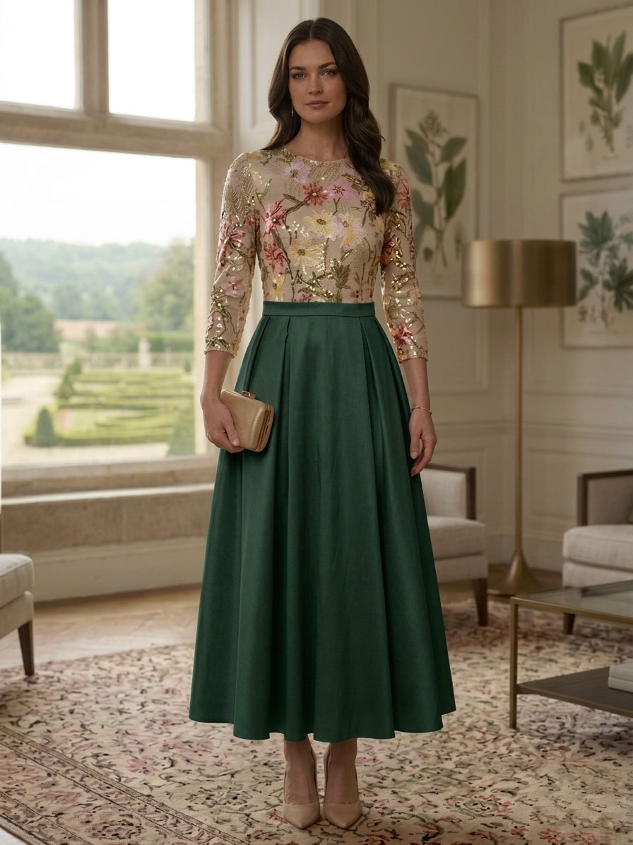 Robe mère de la mariée en Satin, ligne A/princesse, col rond, manches 3/4, paillettes floral, Longueur de La Cheville