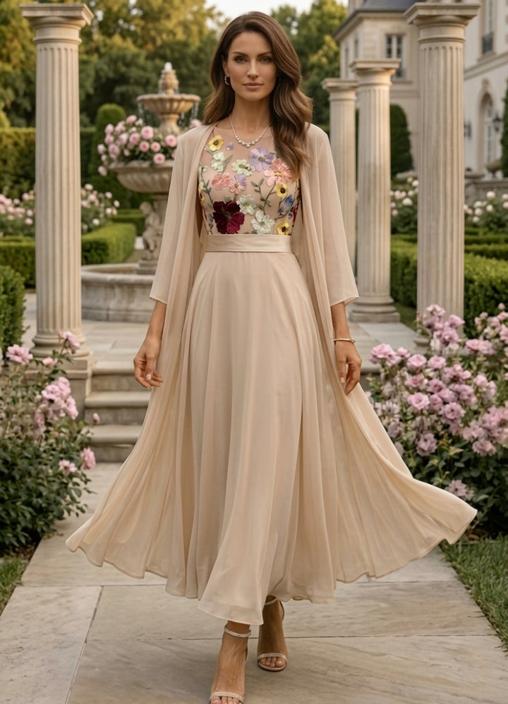 Robe mère de la mariée, Ligne A/Princesse, col rond, 2 morceaux en chiffon avec veste, manches 3/4, dentelle florale, longueur de la cheville