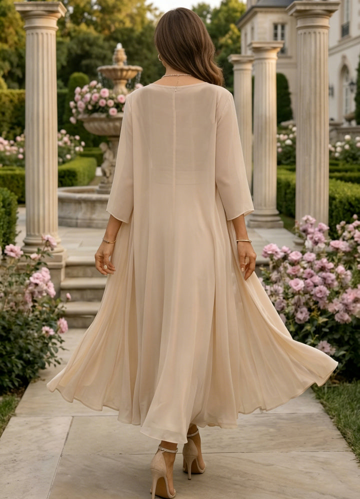 Robe mère de la mariée, Ligne A/Princesse, col rond, 2 morceaux en chiffon avec veste, manches 3/4, dentelle florale, longueur de la cheville