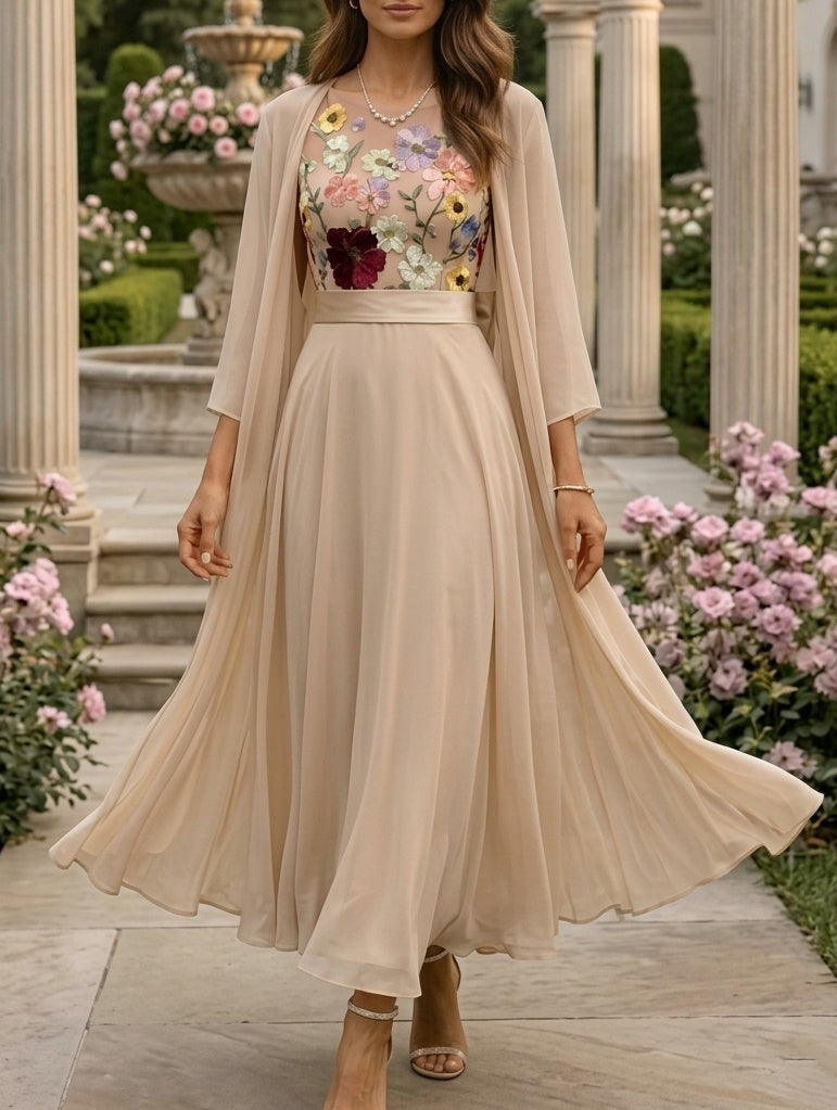 Robe mère de la mariée, Ligne A/Princesse, col rond, 2 morceaux en chiffon avec veste, manches 3/4, dentelle florale, longueur de la cheville