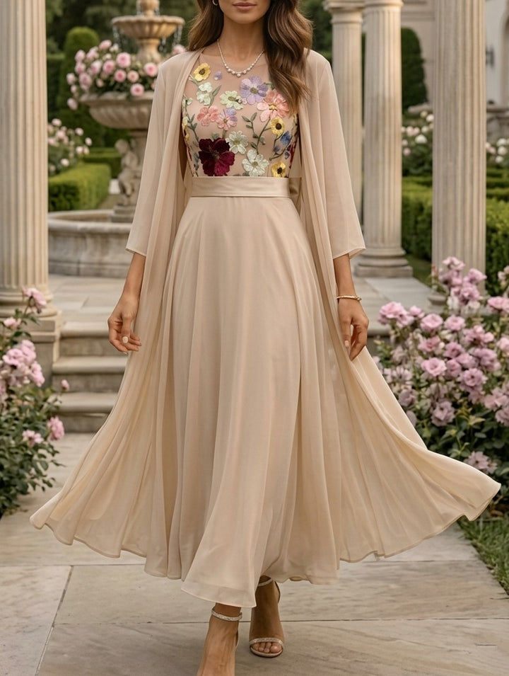 Robe mère de la mariée, Ligne A/Princesse, col rond, 2 morceaux en chiffon avec veste, manches 3/4, dentelle florale, longueur de la cheville