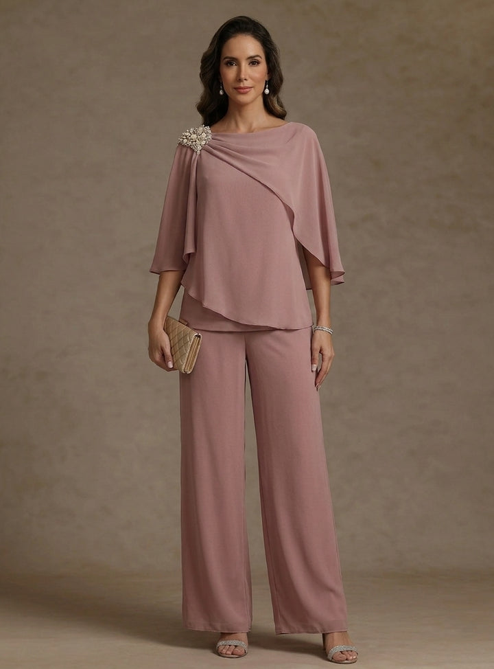 Ensemble pantalon 2 pièces pour mère de la mariée, col bateau en mousseline, manches cape, longueur cheville, strass