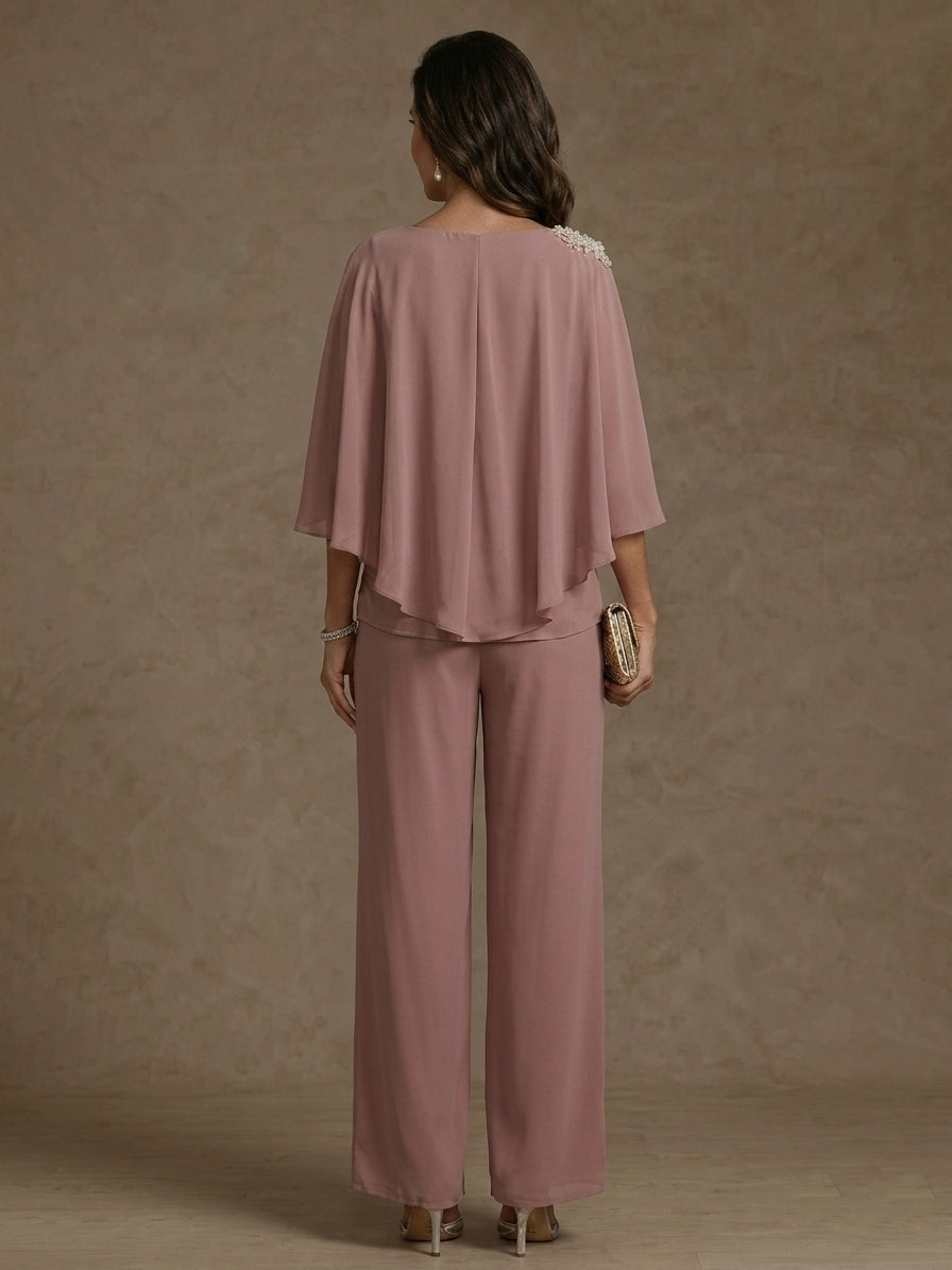 Ensemble pantalon 2 pièces pour mère de la mariée, col bateau en mousseline, manches cape, longueur cheville, strass