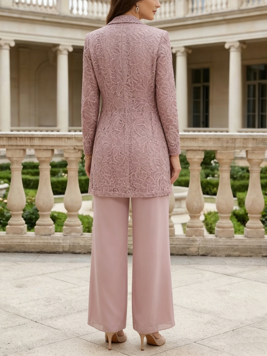 Ensemble pantalon 3 pièces pour mère de la mariée, col rond en mousseline, avec veste, manches longues, longueur cheville, dentelle