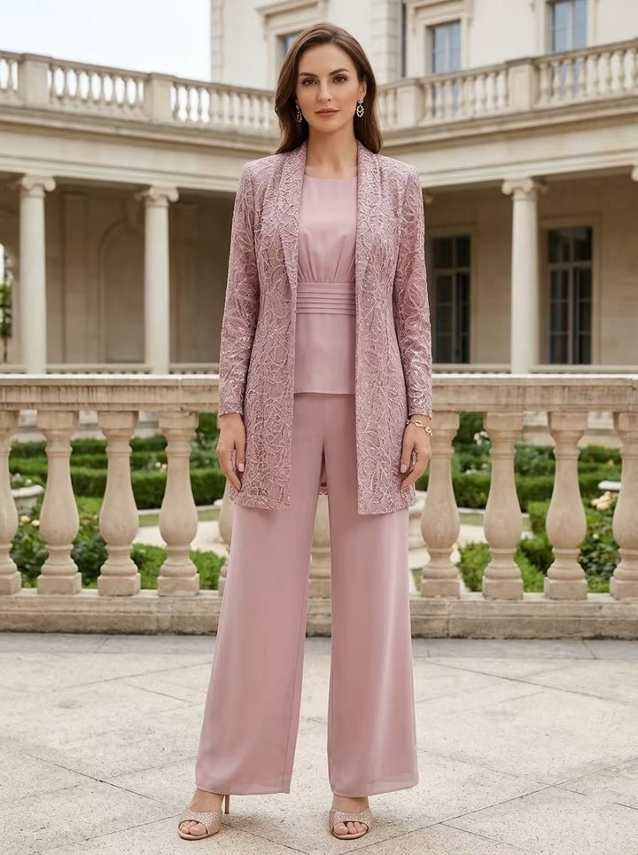 Ensemble pantalon 3 pièces pour mère de la mariée, col rond en mousseline, avec veste, manches longues, longueur cheville, dentelle