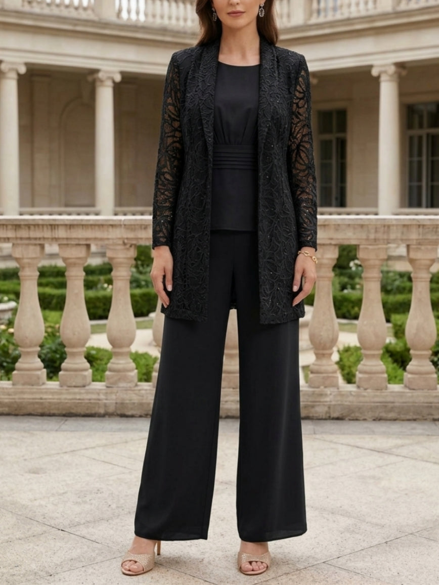 Ensemble pantalon 3 pièces pour mère de la mariée, col rond en mousseline, avec veste, manches longues, longueur cheville, dentelle