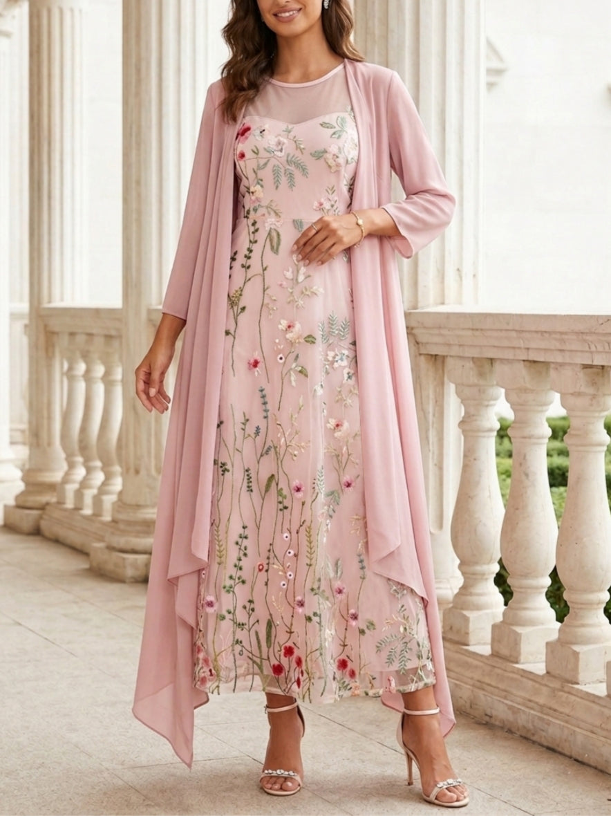 Robes pour mère de la mariée, 2 pièces, coupe A ou princesse, col rond en chiffon, avec veste, manches longues, longueur cheville, en dentelle florale