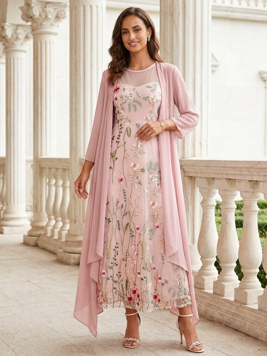 Robes pour mère de la mariée, 2 pièces, coupe A ou princesse, col rond en chiffon, avec veste, manches longues, longueur cheville, en dentelle florale
