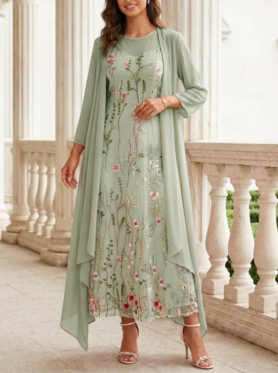 Robes pour mère de la mariée, 2 pièces, coupe A ou princesse, col rond en chiffon, avec veste, manches longues, longueur cheville, en dentelle florale