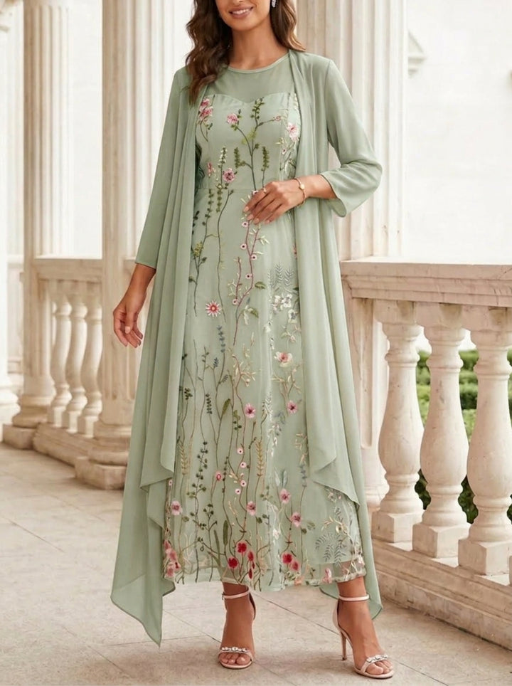 Robes pour mère de la mariée, 2 pièces, coupe A ou princesse, col rond en chiffon, avec veste, manches longues, longueur cheville, en dentelle florale