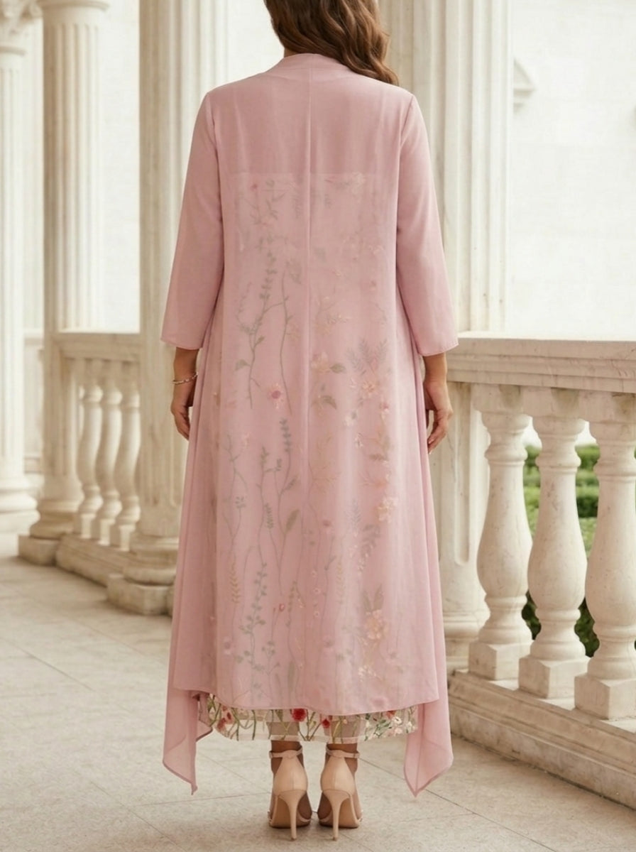 Robe mère de la mariée, Taille Plus, Ligne A/Princesse, 2 Pièces, Col Rond, Mousseline, Manches Longues, Longueur de la Cheville, Florale
