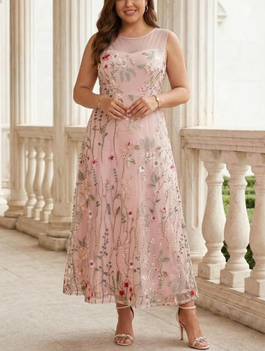 Robe mère de la mariée, Taille Plus, Ligne A/Princesse, 2 Pièces, Col Rond, Mousseline, Manches Longues, Longueur de la Cheville, Florale