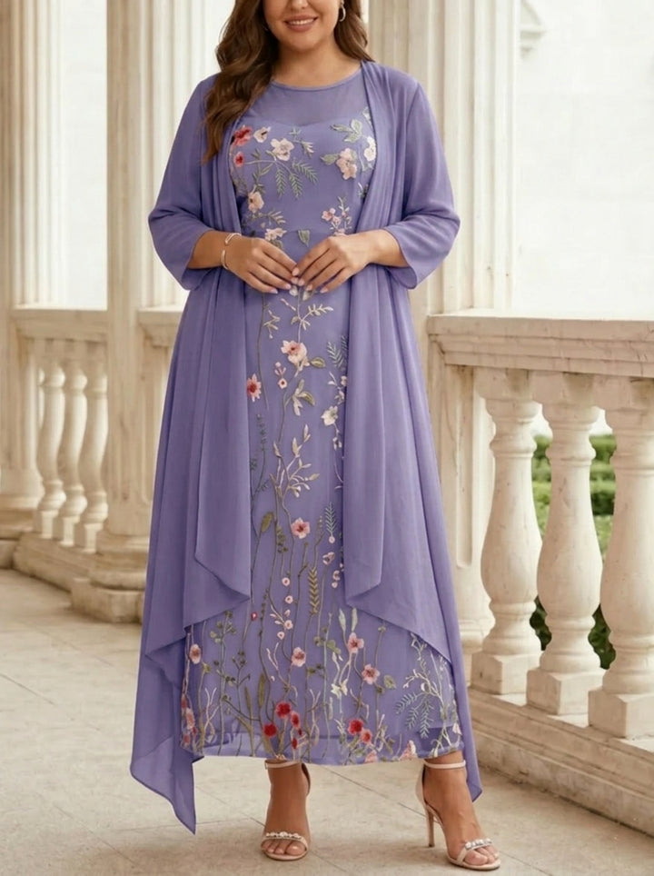 Robe mère de la mariée, Taille Plus, Ligne A/Princesse, 2 Pièces, Col Rond, Mousseline, Manches Longues, Longueur de la Cheville, Florale
