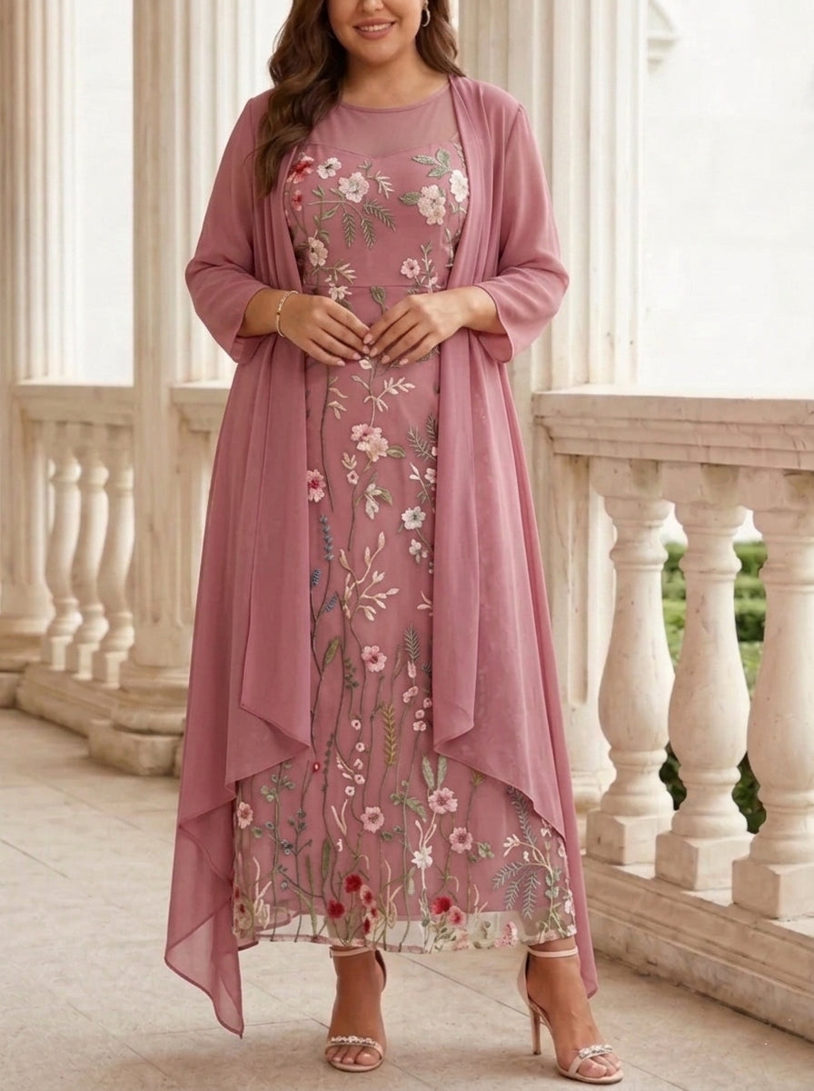 Robe mère de la mariée, Taille Plus, Ligne A/Princesse, 2 Pièces, Col Rond, Mousseline, Manches Longues, Longueur de la Cheville, Florale