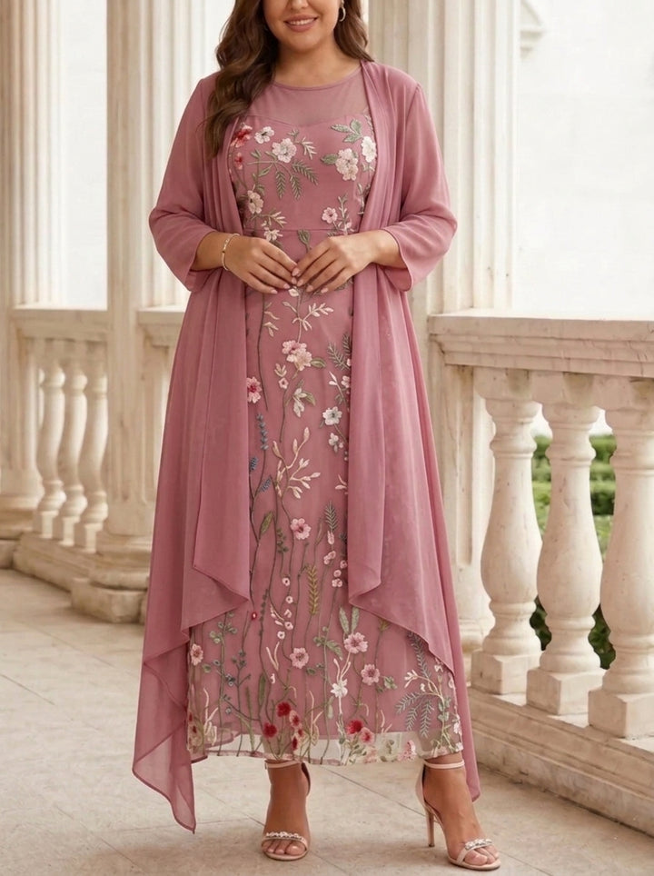 Robe mère de la mariée, Taille Plus, Ligne A/Princesse, 2 Pièces, Col Rond, Mousseline, Manches Longues, Longueur de la Cheville, Florale
