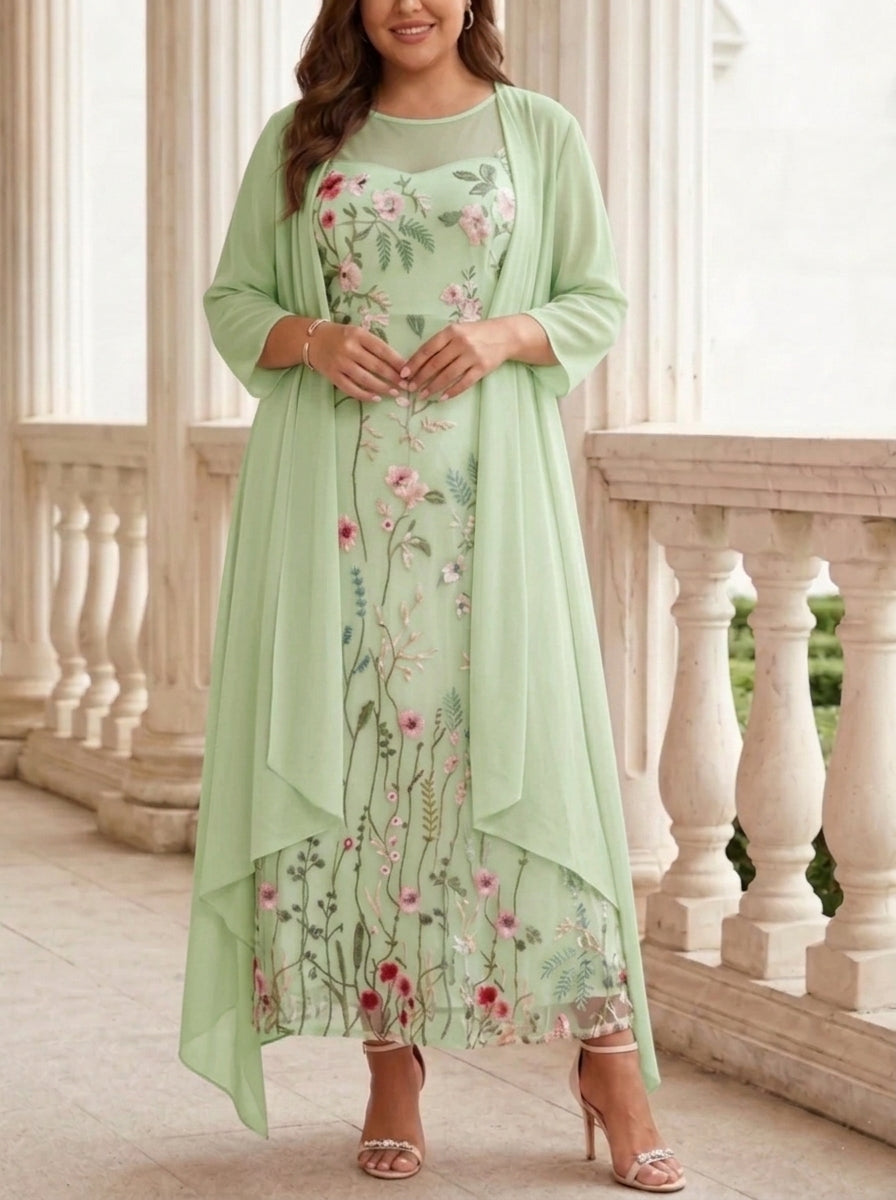 Robe mère de la mariée, Taille Plus, Ligne A/Princesse, 2 Pièces, Col Rond, Mousseline, Manches Longues, Longueur de la Cheville, Florale
