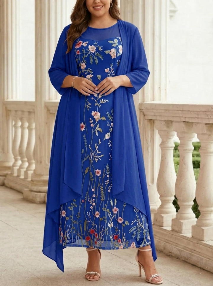 Robe mère de la mariée, Taille Plus, Ligne A/Princesse, 2 Pièces, Col Rond, Mousseline, Manches Longues, Longueur de la Cheville, Florale