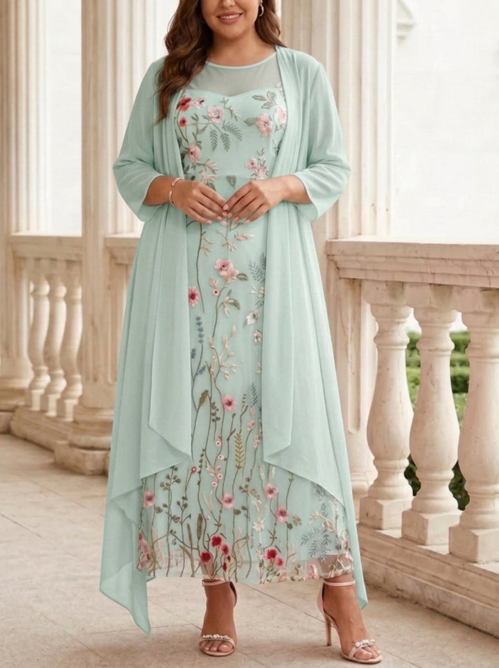 Robe mère de la mariée, Taille Plus, Ligne A/Princesse, 2 Pièces, Col Rond, Mousseline, Manches Longues, Longueur de la Cheville, Florale