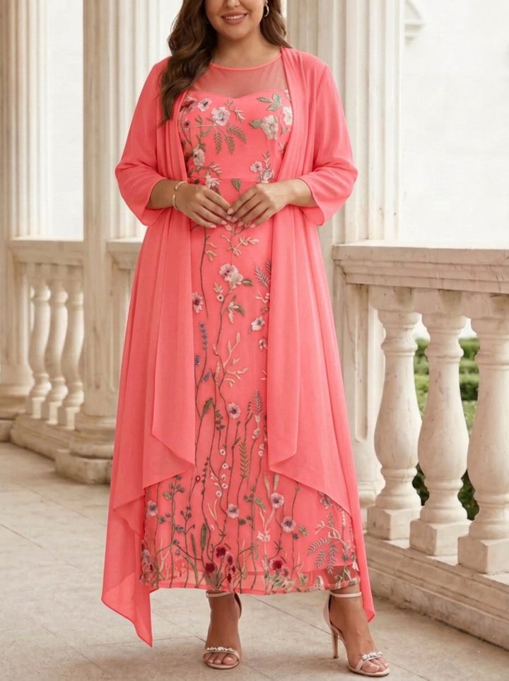 Robe mère de la mariée, Taille Plus, Ligne A/Princesse, 2 Pièces, Col Rond, Mousseline, Manches Longues, Longueur de la Cheville, Florale