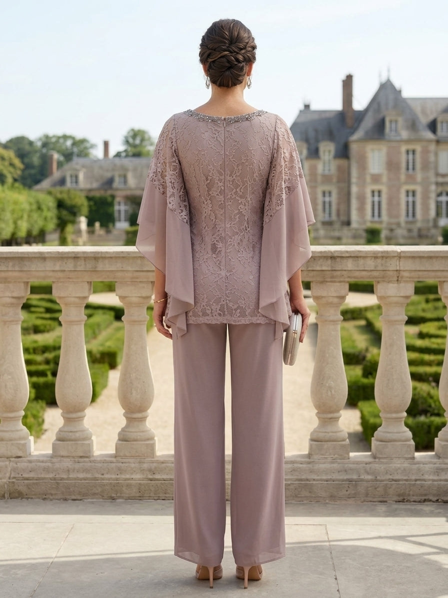 Ensemble pantalon 2 pièces pour mère de la mariée, col rond en mousseline, manches mi-longues, longueur cheville, dentelle florale avec perles