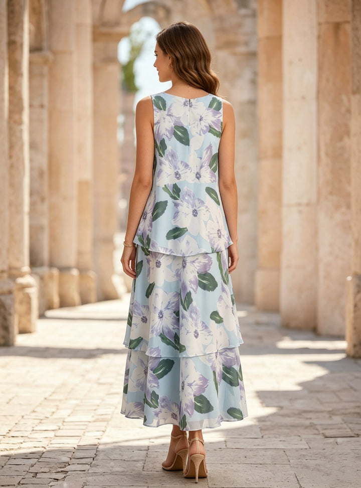 Robe Mère de la Mariée, Forme A/Princesse, Col V, Mousseline, Sans Manches, Motif Floral, Longueur Cheville, Volants