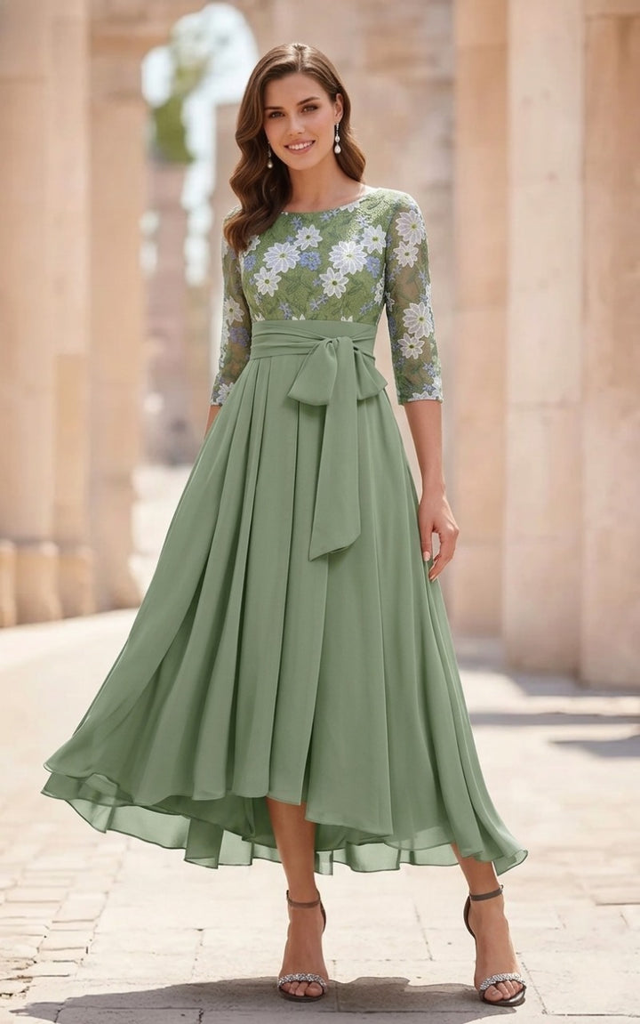 Robe Mère de la Mariée, Forme A/Princesse, Col Rond, Mousseline, Manches 3/4, Dentelle Florale, Longueur du Thé, Avec Nœud Plissé