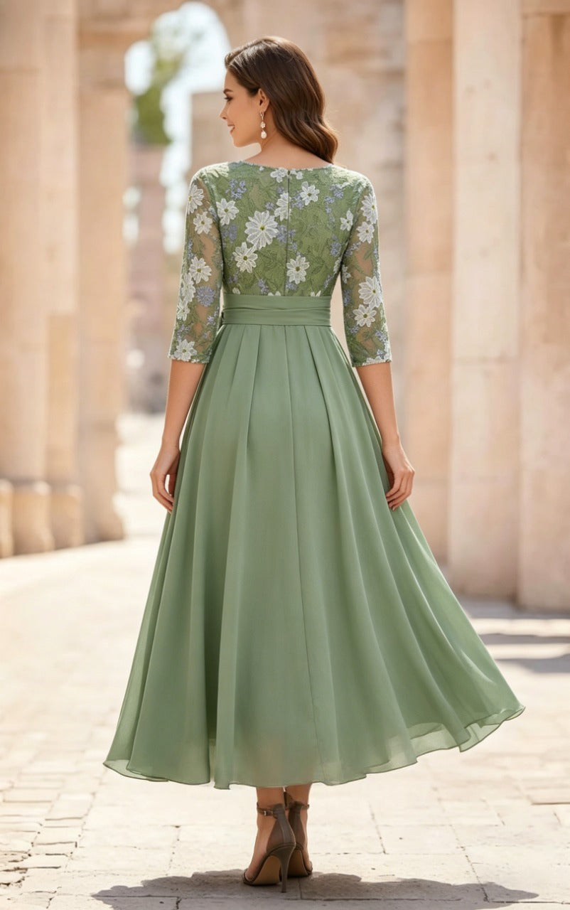 Robe Mère de la Mariée, Forme A/Princesse, Col Rond, Mousseline, Manches 3/4, Dentelle Florale, Longueur du Thé, Avec Nœud Plissé