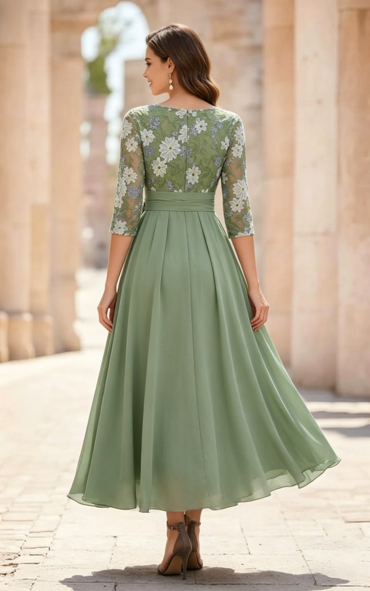 Robe Mère de la Mariée, Forme A/Princesse, Col Rond, Mousseline, Manches 3/4, Dentelle Florale, Longueur du Thé, Avec Nœud Plissé