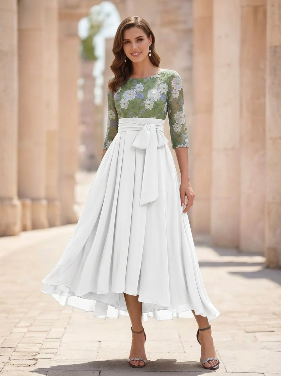 Robe Mère de la Mariée, Forme A/Princesse, Col Rond, Mousseline, Manches 3/4, Dentelle Florale, Longueur du Thé, Avec Nœud Plissé
