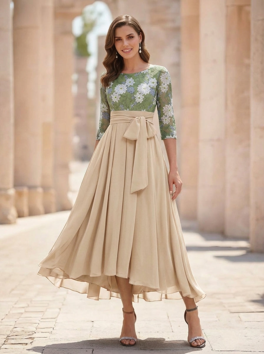 Robe Mère de la Mariée, Forme A/Princesse, Col Rond, Mousseline, Manches 3/4, Dentelle Florale, Longueur du Thé, Avec Nœud Plissé