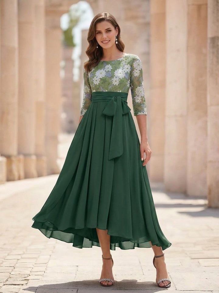 Robe Mère de la Mariée, Forme A/Princesse, Col Rond, Mousseline, Manches 3/4, Dentelle Florale, Longueur du Thé, Avec Nœud Plissé