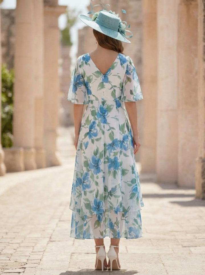 Robe Mère de la Mariée, Forme A/Princesse, Col V, Mousseline, Manches Courtes, Motif Floral, Longueur du Thé, Froncé