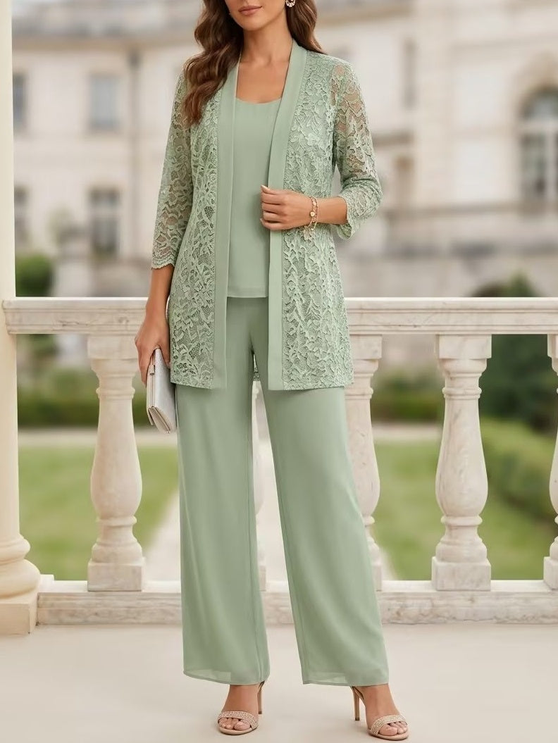Tailleur 3 Pièces, Col Rond, Mousseline, Costume-Pantalon Mère de la Mariée avec Veste, Manches 3/4, Dentelle, Longueur au Sol