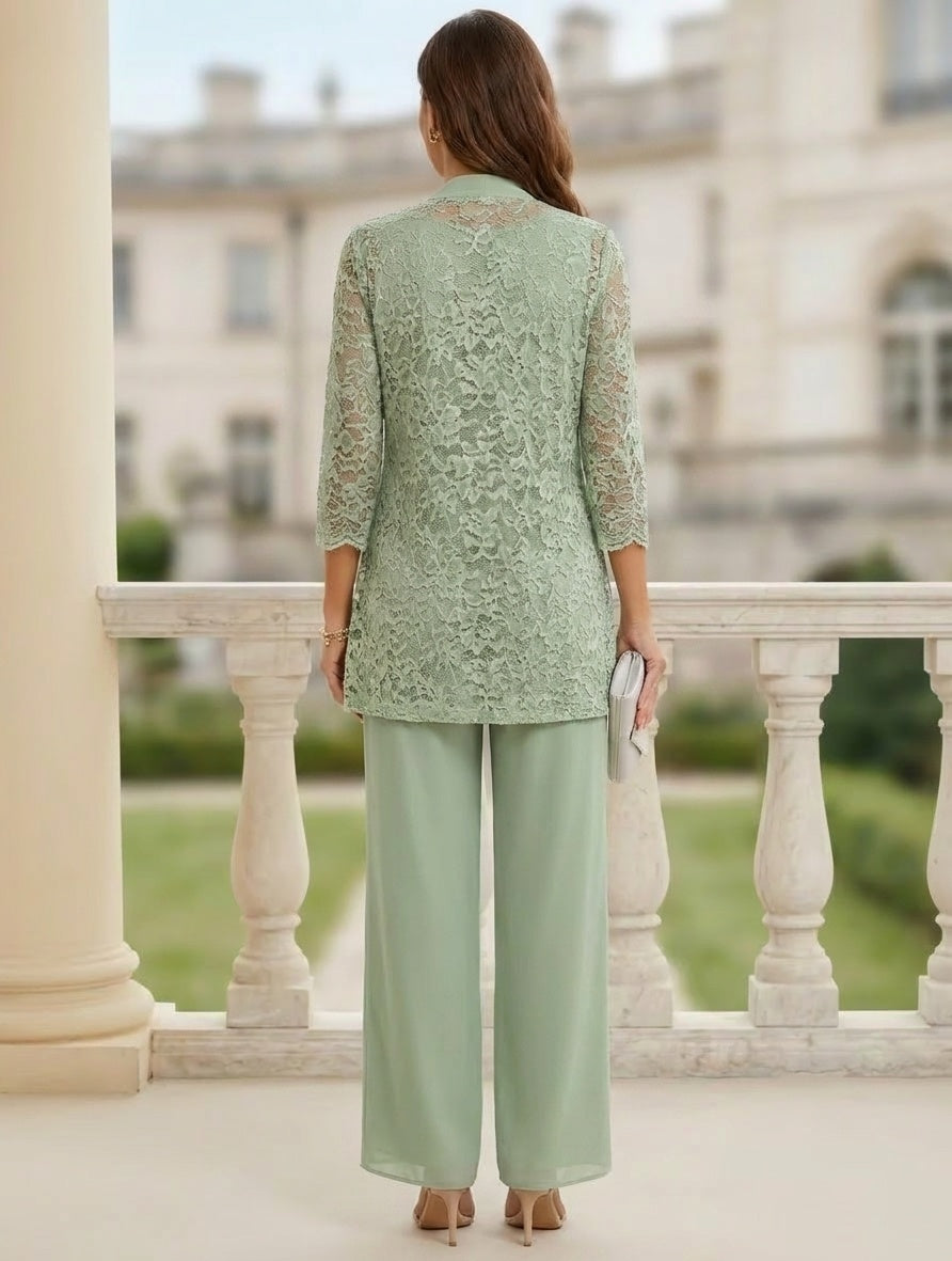 Tailleur 3 Pièces, Col Rond, Mousseline, Costume-Pantalon Mère de la Mariée avec Veste, Manches 3/4, Dentelle, Longueur au Sol