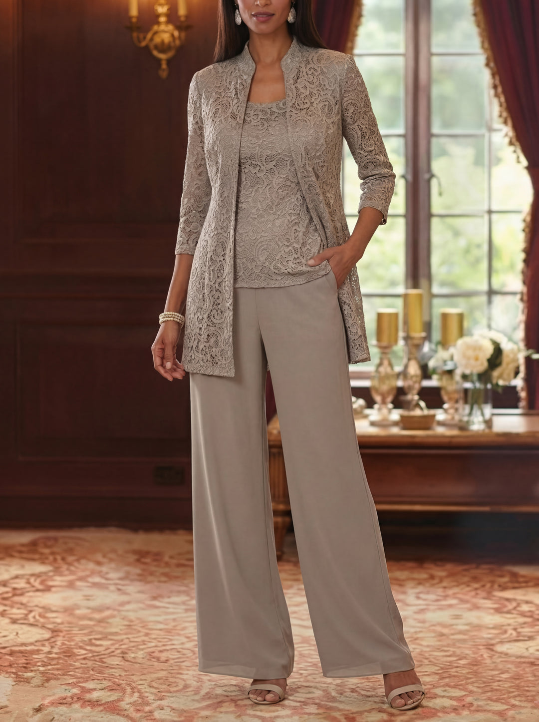 Tailleur 3 Pièces, Col Rond, Mousseline, Costume-Pantalon Mère de la Mariée avec Veste, Manches 3/4, Dentelle, Longueur à la Cheville