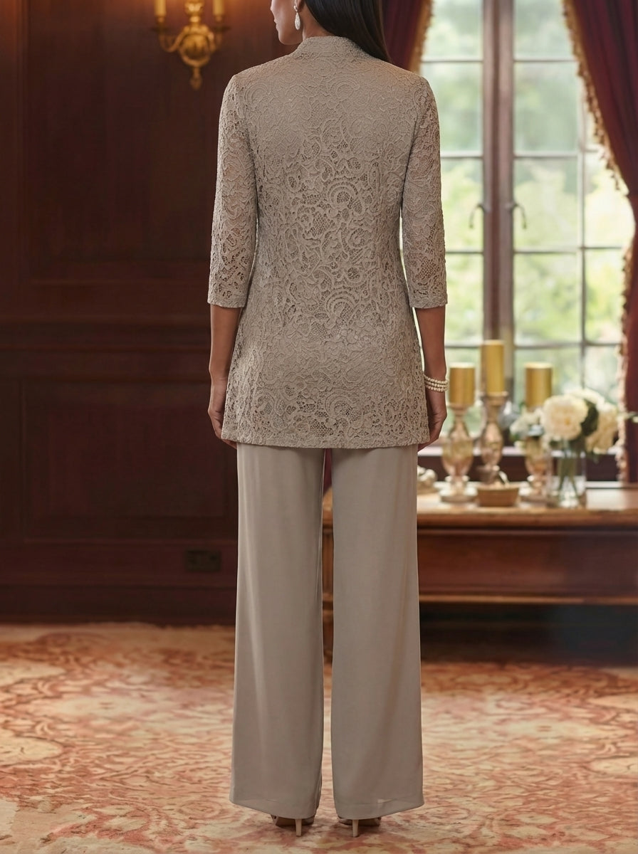Tailleur 3 Pièces, Col Rond, Mousseline, Costume-Pantalon Mère de la Mariée avec Veste, Manches 3/4, Dentelle, Longueur à la Cheville
