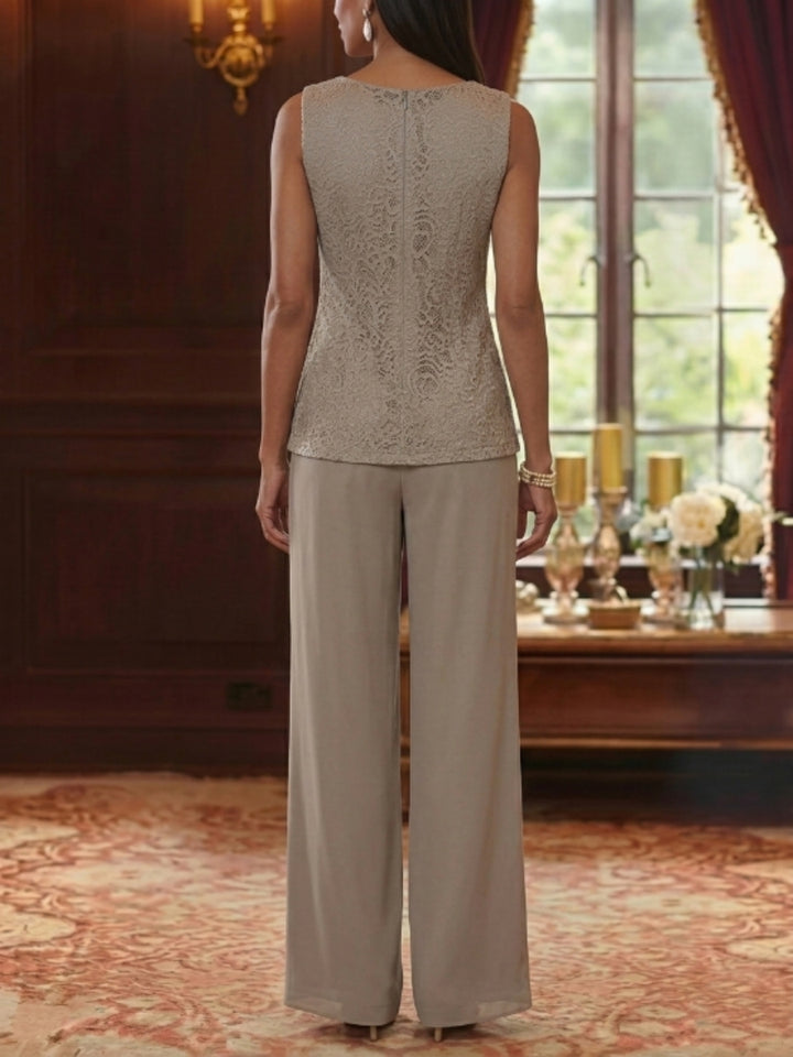 Tailleur 3 Pièces, Col Rond, Mousseline, Costume-Pantalon Mère de la Mariée avec Veste, Manches 3/4, Dentelle, Longueur à la Cheville